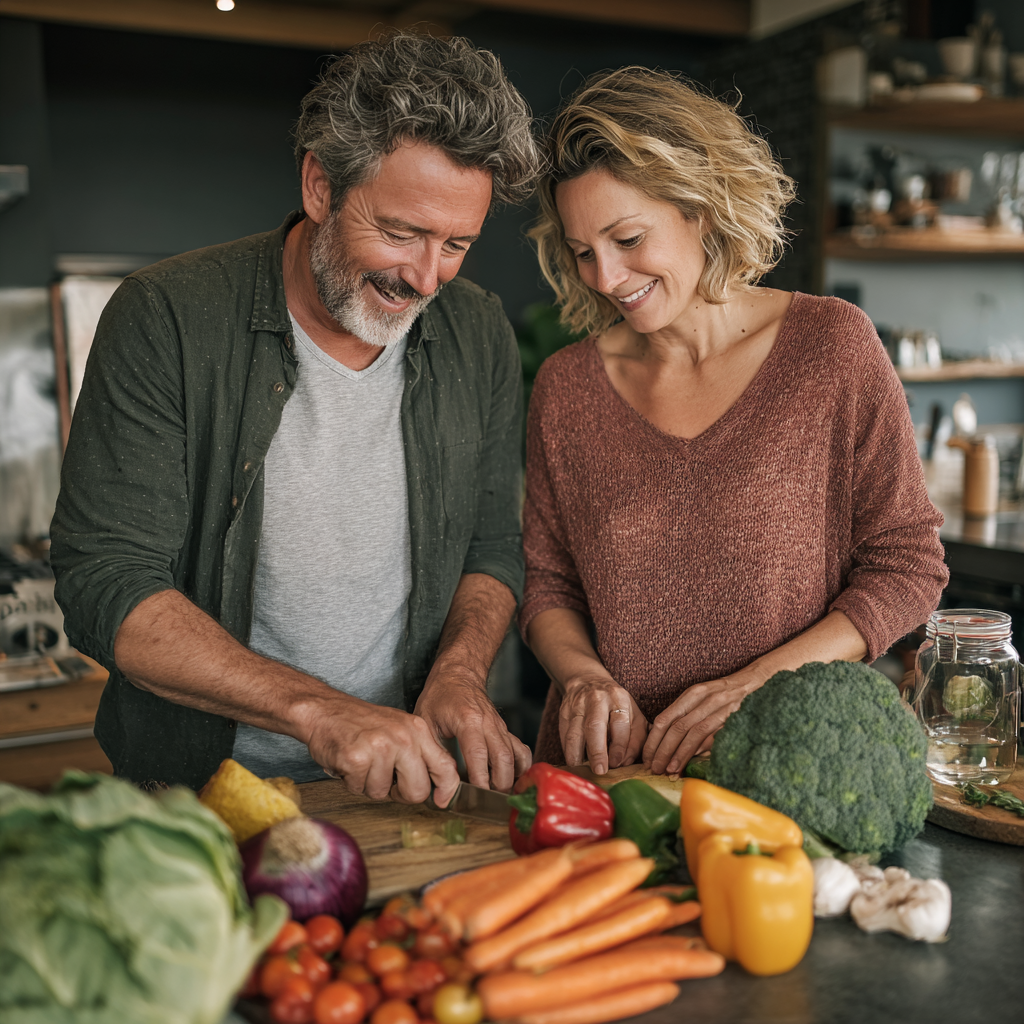 Happy middle-aged couple in their 40s cooking together in a modern kitchen, preparing healthy meals following their nutrition plan