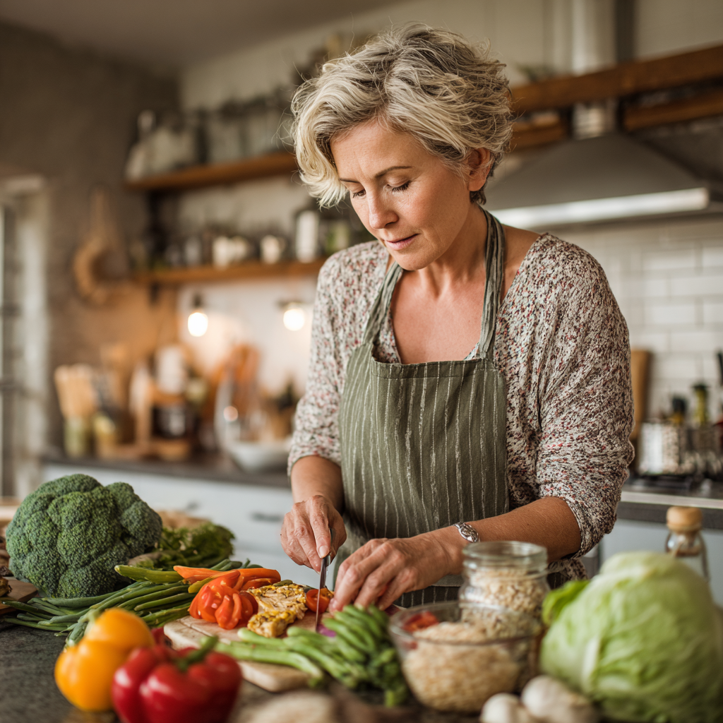 Professional middle-aged woman in her 50s carefully planning a balanced meal with fresh vegetables and grains on a modern kitchen counter